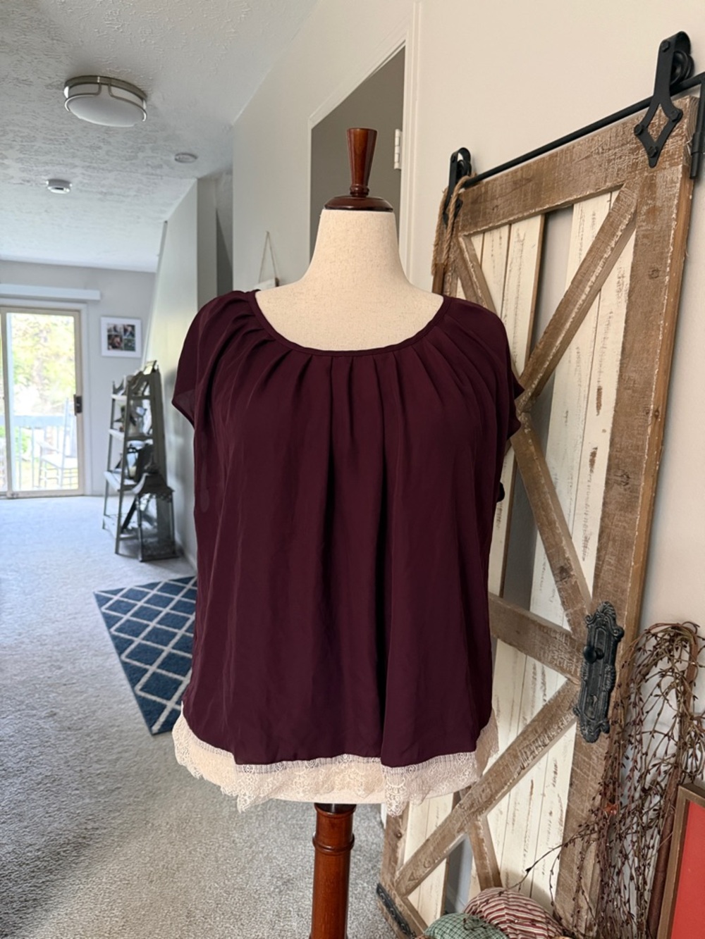 LC Lauren Conrad Plum Pleated Scoop Neck Top with Cream Lace Trim